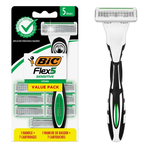 BIC Flex 5 Sensitive Men's Refillable 5-Blade Razors, Comfortable Shave, 1 Handle and 7 Cartridges, Clinically proven for sensitive skin