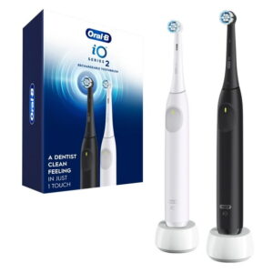 Oral-B iO Series 2 Rechargeable Electric Powered Toothbrush Twin Pack, Black and White - Automatic Pressure Sensor to Protect Gums - 3 Modes - 2 Min Timer, 2CT