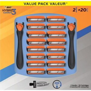 BIC Comfort 3 Hybrid Refillable Disposable Men's Razor, 3-Blade Razor Blades, 2 Handles and 20 Cartridges, For a Comfortable Shave, Pack of 20, Pack of 20