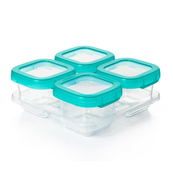 OXO Tot - Baby Blocks - 6 oz Containers - Airtight, Watertight, Leakproof - Clear Lids & Bodies - Measurement Markings - Stackable Freezing Trays - Safe Storage for Spill-Free Outings - 4 Pack - For I