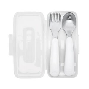 OXO Tot - On The Go Fork & Spoon Set - Baby Feeding Stainless Steel with Travel Case Sized for Little Mouths from 12 Months and Up - Gray
