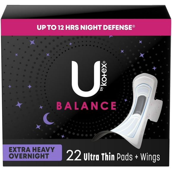 U by Kotex Balance Ultra Thin Overnight Pads with Wings, Extra Heavy Absorbency, 22 Count, UBK PAD 22