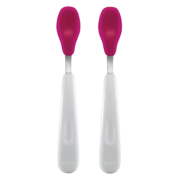 OXO Tot - Feeding Spoon Set - Soft Silicone Edge on Spoon - Baby Toddler Feeding Utensils - Pink