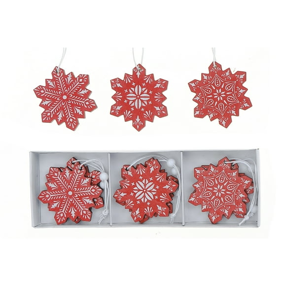 12Pk Red And White Wooden Snowflake Ornaments (Asstd) - Set of 2