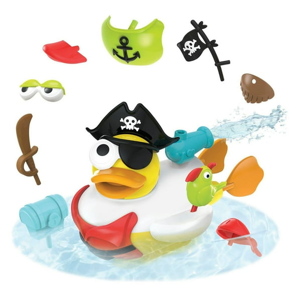 Yookidoo Jet Duck Pirate Battery-Operated Bath Toy with Water-Squirting Action, 15 Accessories for Customization, Fun Bath Time Adventure for Kids