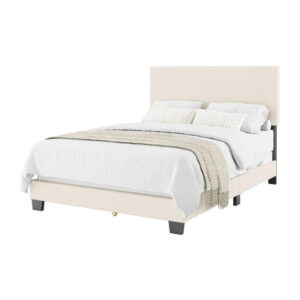 CorLiving Celeste Off-White Boucle Fabric Upholstered Adult Bed with Headboard, Box Spring Required