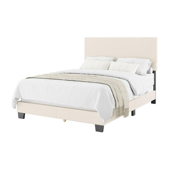 CorLiving Celeste Off-White Boucle Fabric Upholstered Adult Bed with Headboard, Box Spring Required