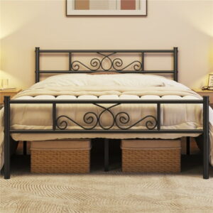 Fullfurnique Metal Platform Bed Frame with Scroll Headboard and Footboard, Full, Black