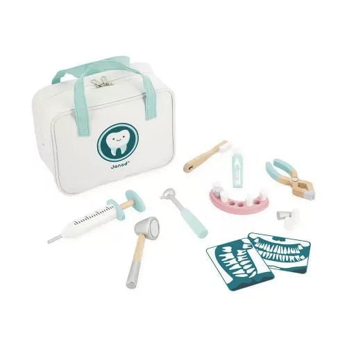 Janod - Dentist's Case - Pretend Play Occupational Toy - 9 Wooden and Cardboard Accessories Included - Boosts The Imagination - Water-Based Paints - 3 Years +