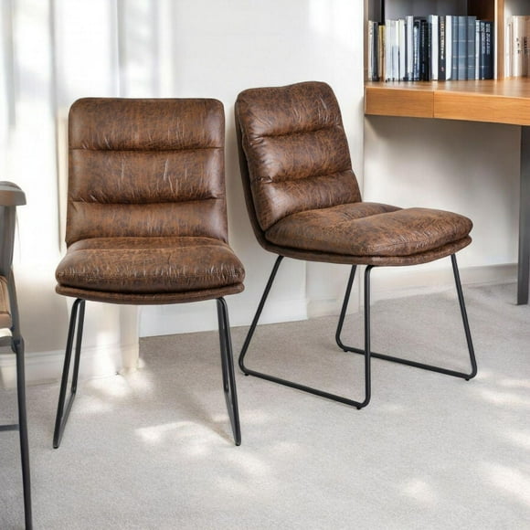 Homy Casa Set of 2 Brown Desk Chairs, Contemporary Design, Synthetic Leather Upholstery, Office and Home Use, Sturdy Metal Frame, Comfortable Seating