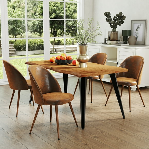 Homy Casa 63 inch Dining Table Set with 1 Table and 4 High-Back Chairs, Modern Wave Edge, Natural Tabletop, Brown Faux Suede Upholstery