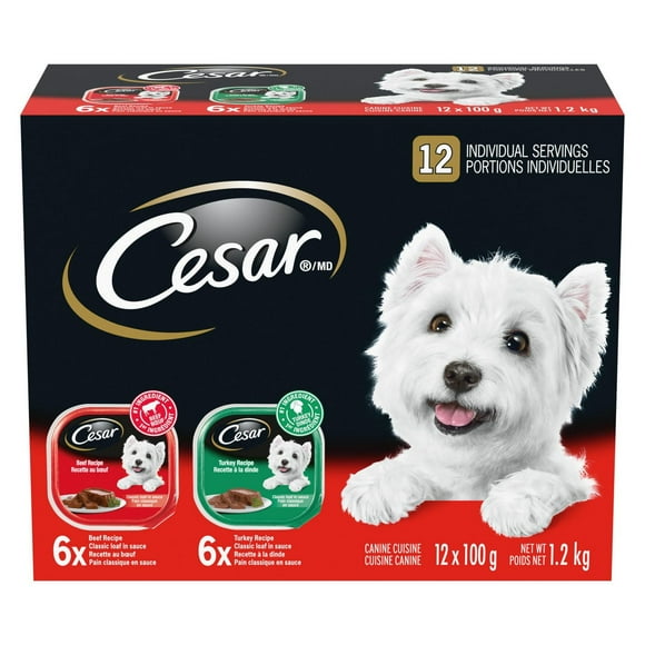 Cesar Adult Classic Loaf in Sauce Beef & Turkey Recipe Variety Pack Soft Wet Dog Food, 12x100g