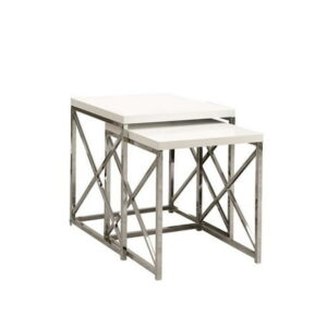 Monarch Specialties Nesting Table, Set Of 2, Side, End, Metal, Accent, Living Room, Bedroom, Metal, Laminate, Glossy White, Chrome, Contemporary, Modern