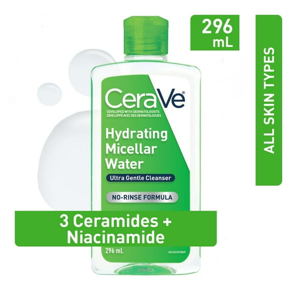 CeraVe Micellar Water Hydrating Facial Cleanser & Eye Makeup Remover with 3 essential ceramides and Niacinamide, Fragrance Free & Non-Irritating, 296 ml, Hydrating Micellar Water
