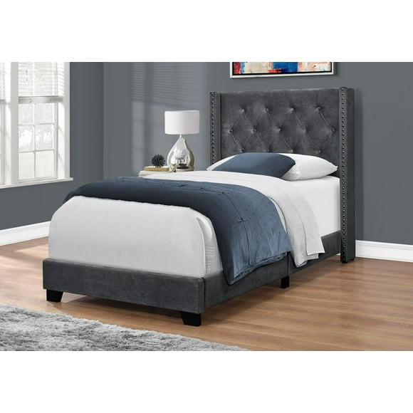 Monarch Specialties Bed, Twin Size, Platform, Teen, Frame, Upholstered, Velvet, Wood Legs, Grey, Chrome, Transitional
