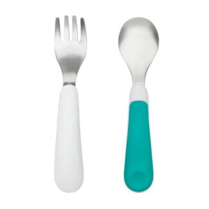 OXO Tot - Fork & Spoon Set - Baby Feeding Stainless Steel Sized for Little Mouths from 12 Months and Up - Teal - 61132200