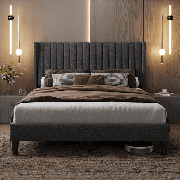 Fullfurnique Upholstered Bed Frame with Wing Side and Channel Headboard, Queen, Dark Gray