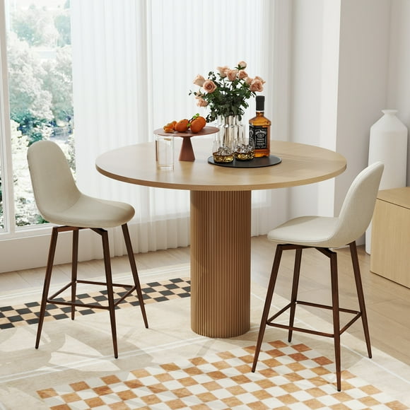 Homy Casa Set of 2 Swivel Counter Stools with Curved Upholstered Seat for Kitchen Dining Room, Beige Fabric