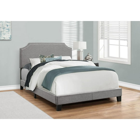 Monarch Specialties Bed, Full Size, Platform, Bedroom, Frame, Upholstered, Linen Look, Wood Legs, Grey, Chrome, Transitional