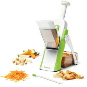 Starfrit Pump'n'Slice, Vertical Mandoline, Food Chopper, Slicer, Safe Enclosed Blades, Folds for Storage, Cleaning Tool -2-in-1, Starfrit Pump'N'Slice lets you quickly slice fruits and veggies with a simple pump. Adjustable stainless steel blades cut evenly from 0.5 to 8 mm. Safe enclosed blades, compact design with foldable feet, and dishwasher-safe parts make prep and cleanup easy.