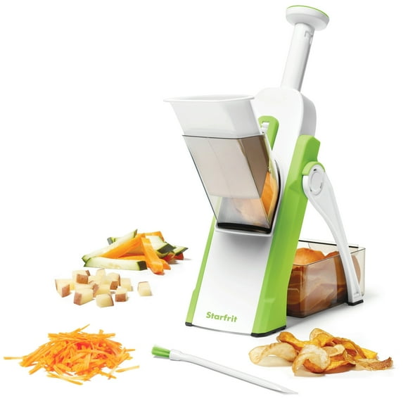 Starfrit Pump'n'Slice, Vertical Mandoline, Food Chopper, Slicer, Safe Enclosed Blades, Folds for Storage, Cleaning Tool -2-in-1, Starfrit Pump'N'Slice lets you quickly slice fruits and veggies with a simple pump. Adjustable stainless steel blades cut evenly from 0.5 to 8 mm. Safe enclosed blades, compact design with foldable feet, and dishwasher-safe parts make prep and cleanup easy.