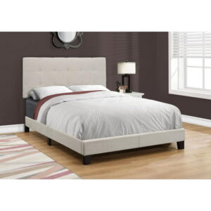 Monarch Specialties Bed, Full Size, Platform, Bedroom, Frame, Upholstered, Linen Look, Wood Legs, Beige, Black, Transitional