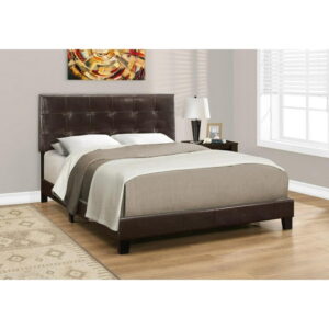 Monarch Specialties Bed, Queen Size, Platform, Bedroom, Frame, Upholstered, Pu Leather Look, Wood Legs, Brown, Transitional