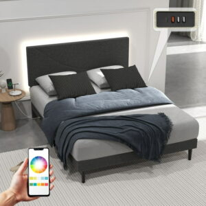 Homy Casa Upholstered Queen Bed with Tech Charging and LED Lights, Modern Headboard, Grey