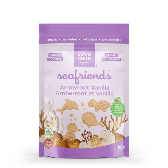 Love Child Organics Sea Friends Arrowroot Vanilla Cookies 140g Pouch, Flavourful cookies with fun sea shapes!