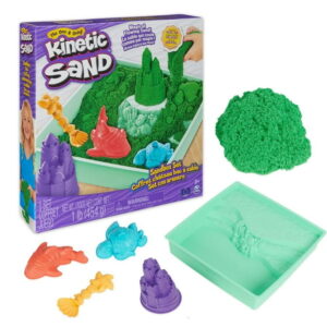 Kinetic Sand Sandbox Set, 1lb Green Play Sand, Sandbox Storage, 4 Molds and Tools, Sensory Toys for Kids Ages 3+