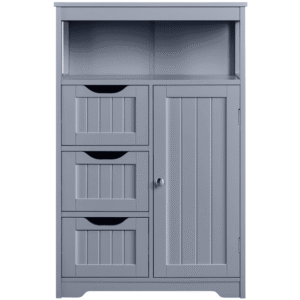 Fullfurnique Bathroom Floor Cabinet with 1 Door and 3 Drawers, Gray