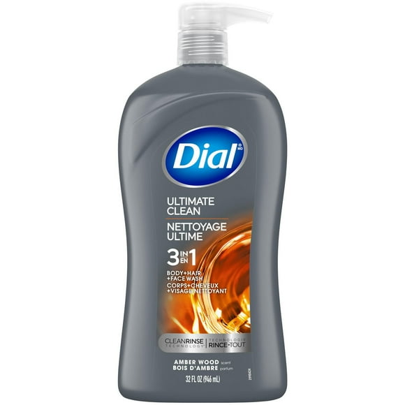 Dial Men 3in1 Body, Hair and Face Wash, Ultimate Clean, Amber Wood scent, 946ml, 1 Bottle, 946ml