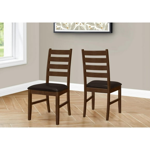 Monarch Specialties Dining Chair, 37" Height, Set Of 2, Dining Room, Kitchen, Side, Upholstered, Brown Solid Wood, Brown Leather Look, Transitional