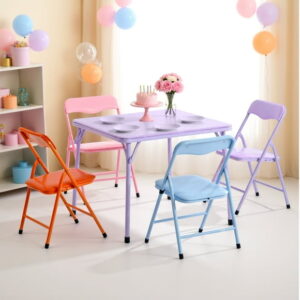Homy Casa 5 Piece Kids Table and Chair Set, Foldable Desk with Rounded Edges for Toddlers and Preschoolers, 24 inch, Purple