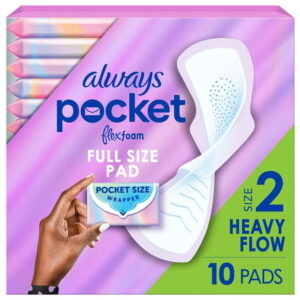 Always Pocket Feminine Pads with FlexFoam, Size 2, Heavy Flow, with Wings, Unscented, 10CT