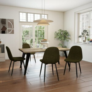 Homy Casa Modern Industrial 5-Piece Dining Set for 4, Faux Wooden Walnut Live Edge Table with 4 Armless Chairs, Green Fabric