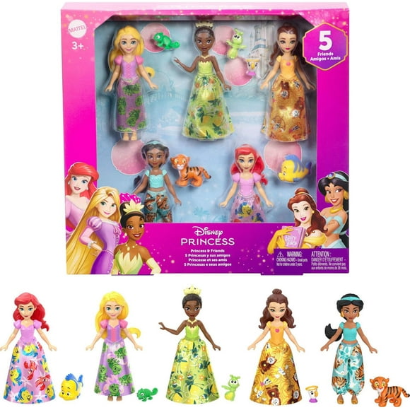 Disney Princess & Friends Set with 5 Small Dolls in Sparkling Outfits & 5 Friend Figures, Ages 3+