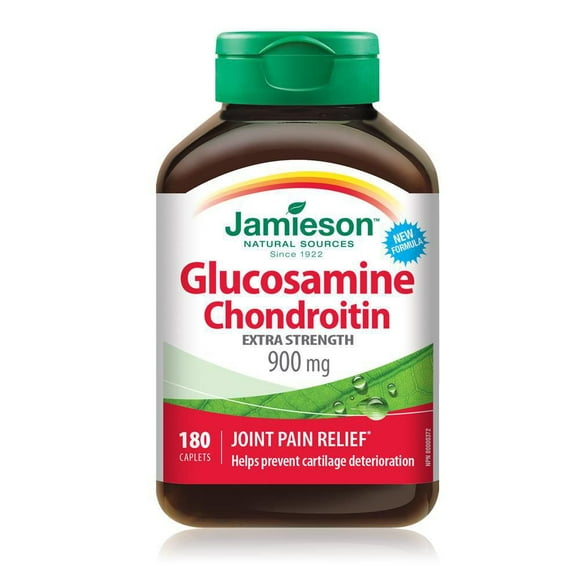Jamieson Extra Strength Glucosamine Chondroitin 900 mg, Provides Joint Pain Relief, Osteoarthritis Support, and Cartilage Protection. Non-GMO, Gluten-Free, 180 Caplets, Proudly Canadian, 180 caplets