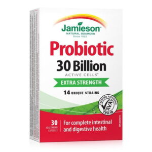 Jamieson Probiotic 30 Billion Active Cells, Extra Strength, Supports Digestive Health and Intestinal Health. 14 Unique Strains, Including Lactobacillus and Bifidobacterium, Non-GMO, Gluten-Free, 30 Vegetarian capsules, 30 Capsules