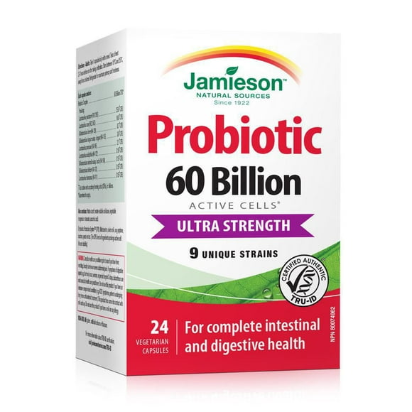Jamieson Probiotic Capsules, 60 Billion CFU, Vegetarian, Ultra Strength, 24 Count, 24 Vegetarian Capsules