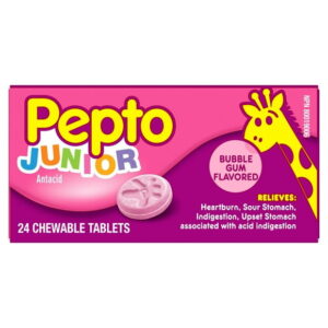 Pepto Kid's Junior Tablets for Heartburn, Acid Indigestion, Sour Stomach, and Upset Stomach, Bubblegum Flavor, 24CT