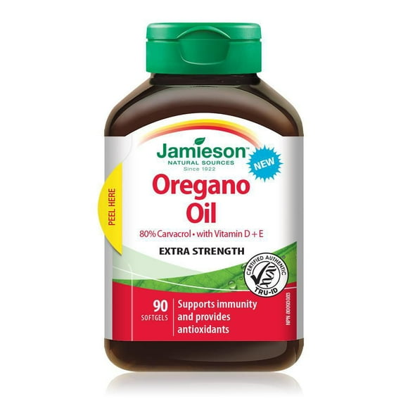 Jamieson Oregano Oil 180 mg Softgels, Extra Strength, with Vitamin D3 1,000 IU and Vitamin E. Supports Immune Health, Antioxidant, Non-GMO, Gluten-Free, 90 Count, Proudly Canadian, 90 Softgels
