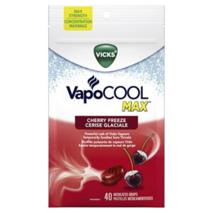 Vicks VapoCOOL Max Drops, Max Strength Medicated Drops, Soothes Sore Throat Pain Caused by Cough, Cherry Freeze Flavor, 40CT