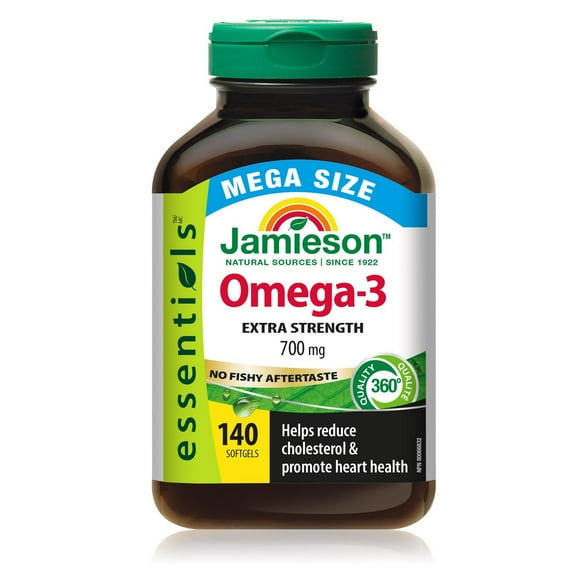 Jamieson Extra Strength Omega-3 700 mg, No Fishy Aftertaste, Supports Heart, Brain, and Eye Health, Arthritis Support. With EPA and DHA, Non-GMO, Gluten-Free, 140 Softgels, Proudly Canadian
