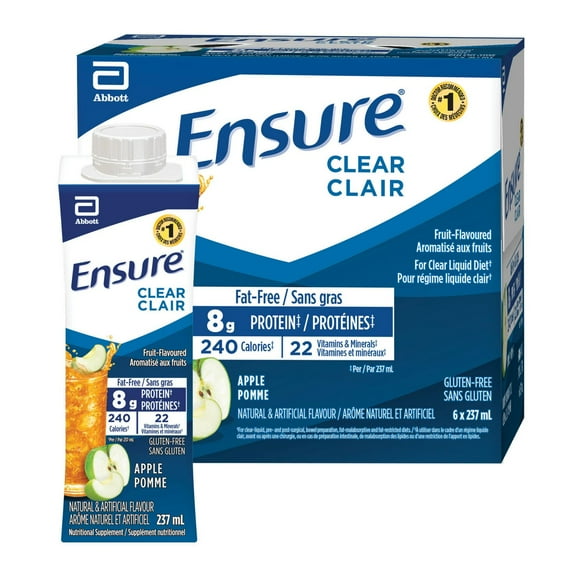 Ensure Clear, Clear Liquid Nutrition Drink, Refreshing Fruit Flavoured Nutrional Supplement, Apple, 6 x 237-mL Bottles, 6 x 237 mL