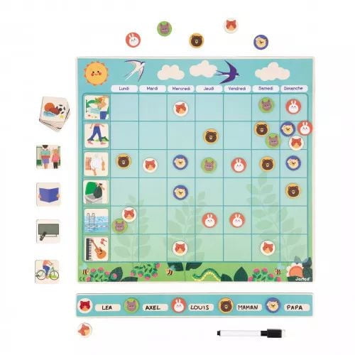 Janod - Family Planner Board + 97 Magnets Weekdays and Organise Learning Cardboard Toy - from 3 Years