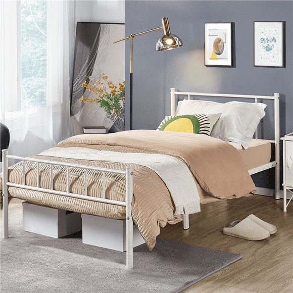 Fullfurnique Metal Platform Bed Frame with Headboard and Footboard, Twin, White
