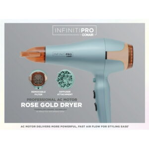 Inifintipro by Conair ® 1875 Watt Tourmaline Ceramic Professional AC Motor Rose Gold Dryer - gifts for her, Hair Dryer
