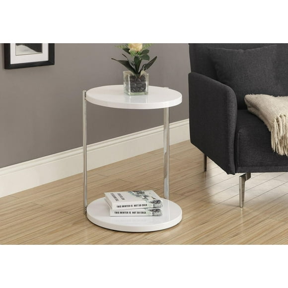 Monarch Specialties Accent Table, Round, Side, End, Nightstand, Lamp, Living Room, Bedroom, Glossy White Laminate, Chrome Metal, Contemporary, Modern