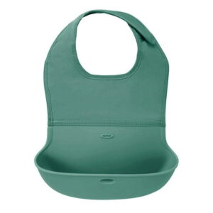 OXO Tot - Roll-Up Bib - Comfortable Soft Waterproof Lightweight Silicone Baby Bib and Toddler - Fabric Rolls Up into Pocket for Travel and Storage - Sage